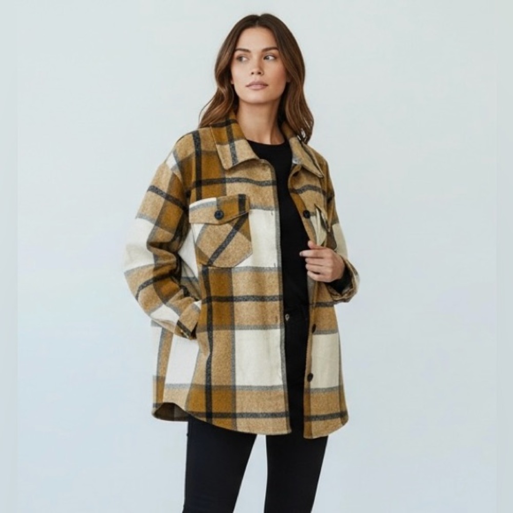 Oversized Plaid Shacket Jacket Shirt Coat Tan Brown‎ Cream Size Small